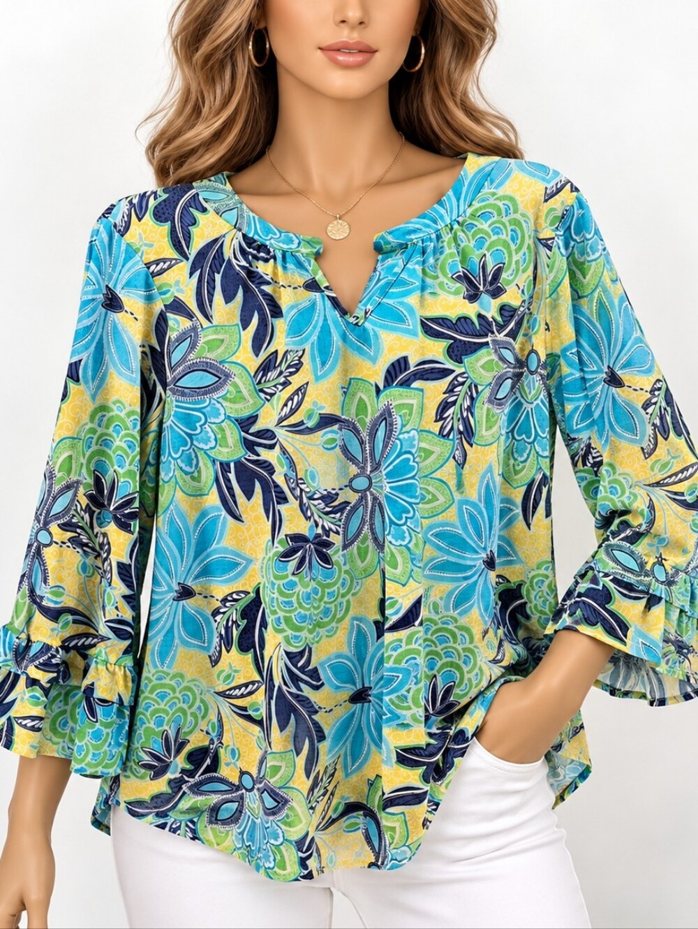 Ruby Rd. Teal, Yellow & Navy Floral Tunic